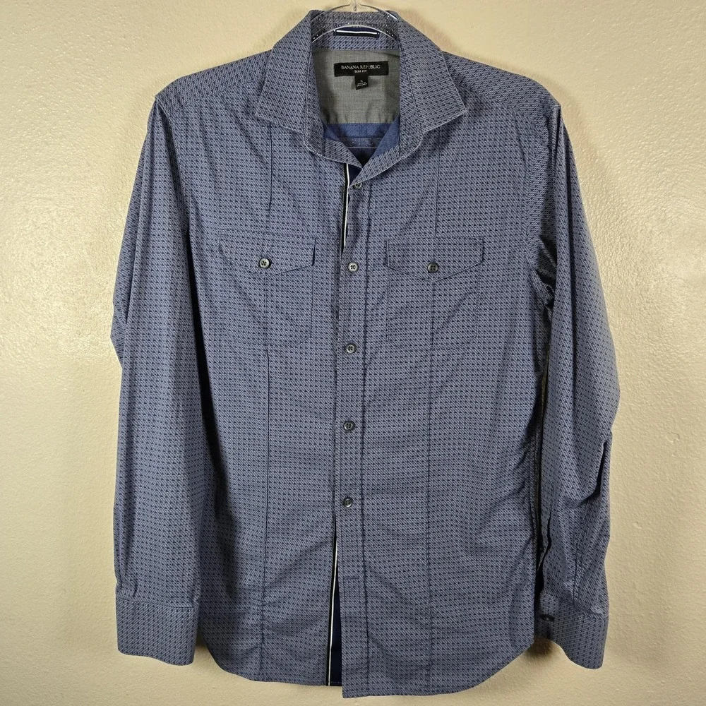 Banana Republic Shirt Mens Small‎ Blue Slim Fit Geometric Long Sleeve Button-Up